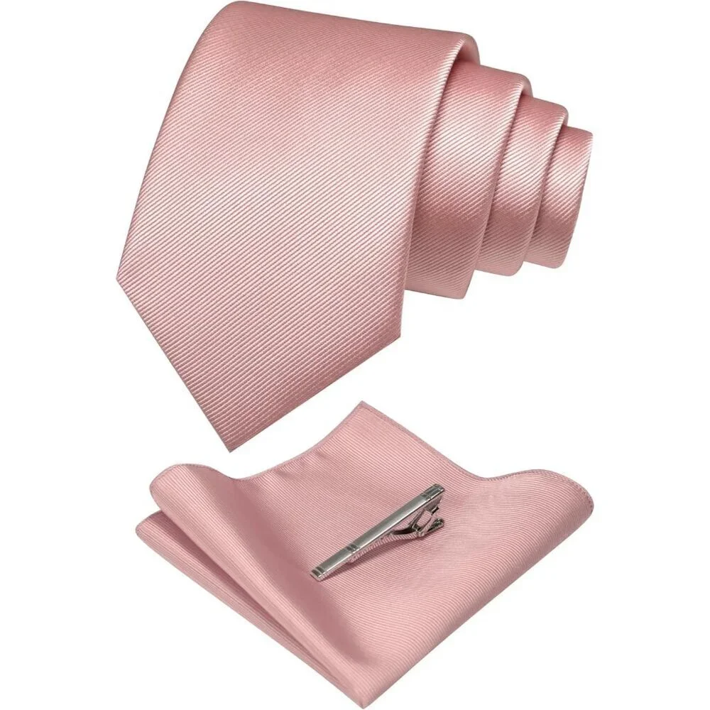 Men's Rose Gold Colour Formal Necktie and Pocket Square Tie Clip Sets